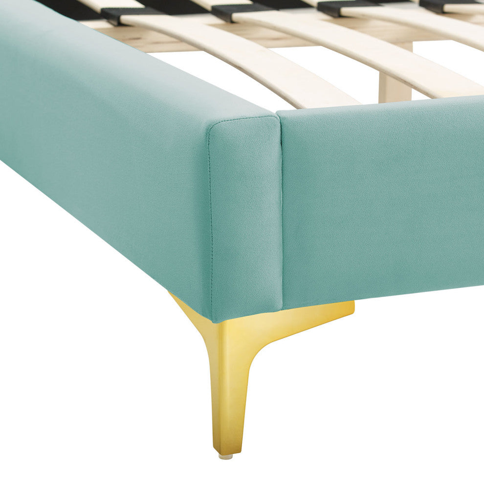 Platform Bed Frame, Queen Size, Blue, Velvet, Modern, Bedroom Guest Suite