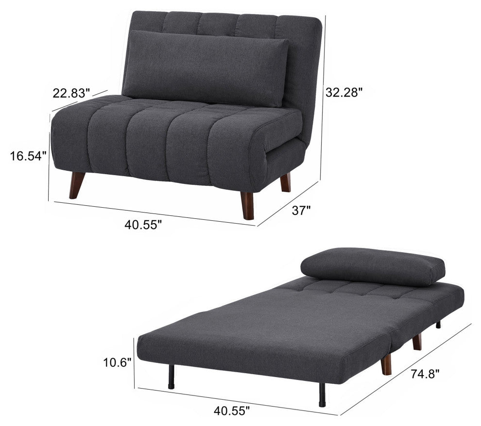 Convertible Futon Chair with Pine Wood Frame and Tufted Polyester Seat, Dark Gray