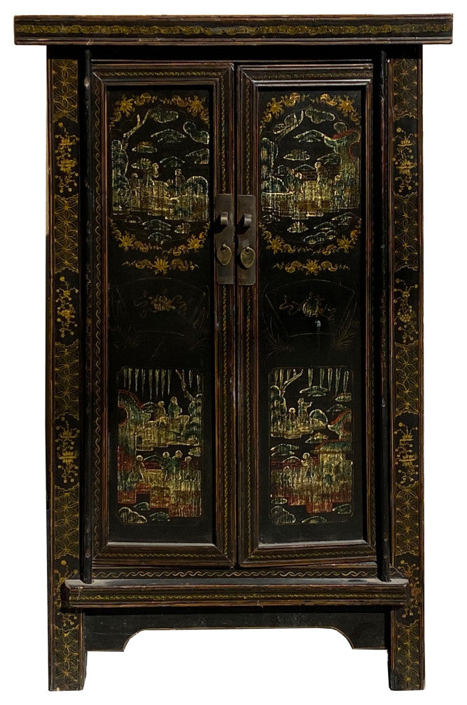Chinese Vintage Distressed Color Scenery Graphic Dresser Cabinet Hcs7140