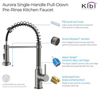 Aurora Single Handle Pull Down Kitchen Faucet, Titanium, W/ Soap Dispenser