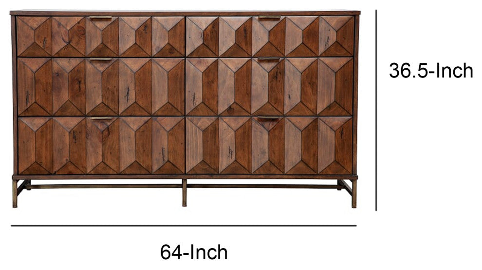 Benzara BM206681 6 Drawer Dresser With Honeycomb Design and Metal Legs, Brown