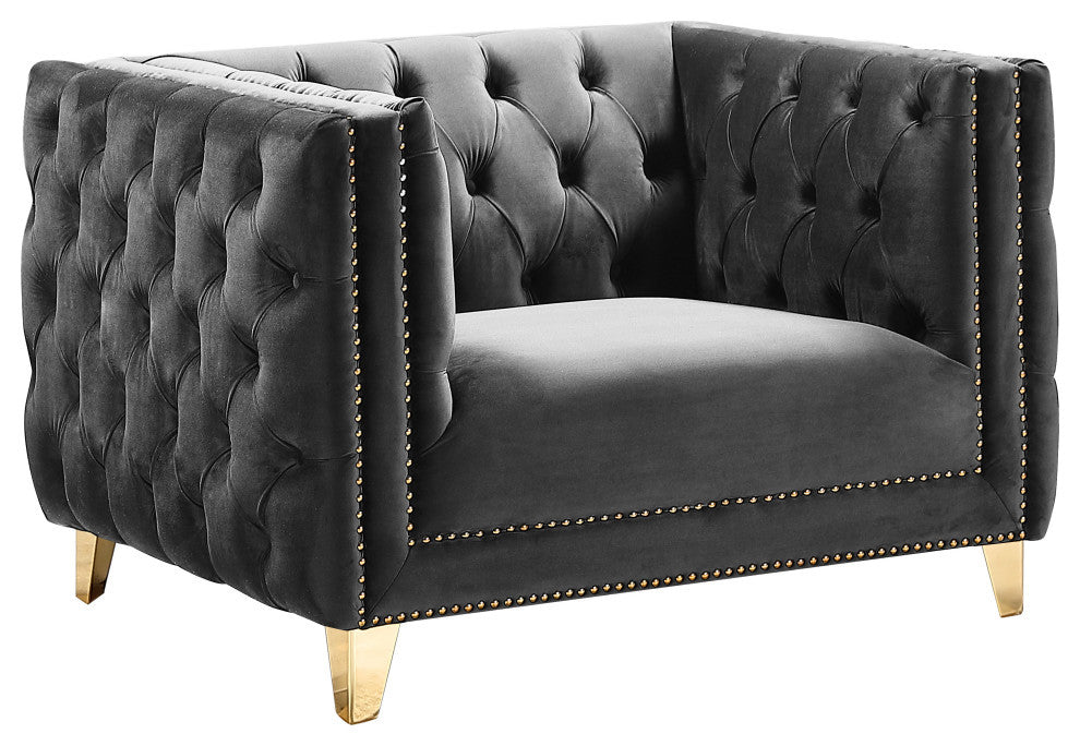 Michelle Fabric Upholstered Chair, Gold Iron Legs, Gray, Velvet, Chair