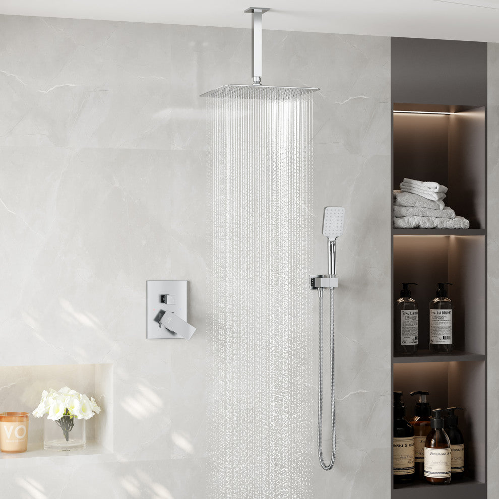 CASAINC 12" Ceiling Mounted Luxury Rainfall Shower Head System w Handheld Spray, Chrome