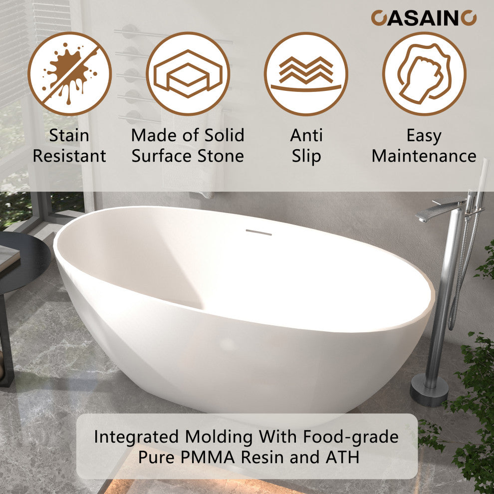 Freestanding Oval Solid Surface Stone Bathtub with Center Drain, Matte White, 59in