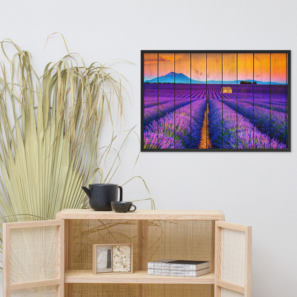 Faux Wood Lavender Fields and Sunset Landscape Framed Photo Paper Wall Art Print, Black, 24" X 36"