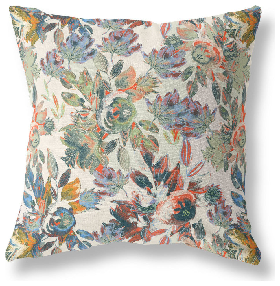 26" Green Beige Florals Indoor Outdoor Zippered Throw Pillow