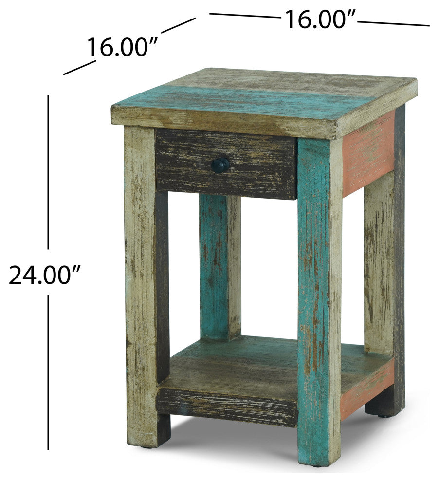 Tracey Boho Handmade Distressed Mango Wood Large Side Table, Multicolored