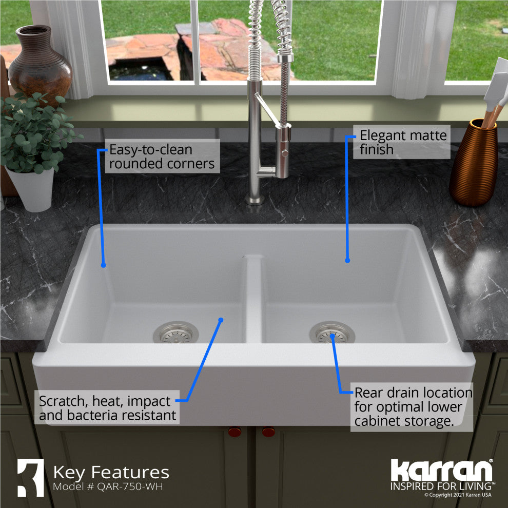 Karran Retrofit Farmhouse Quartz 34" Double Bowl Sink, White