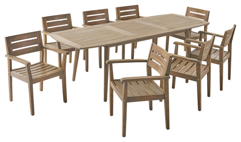 Mildred Outdoor Acacia Wood Expandable 8 Seater Dining Set, Gray