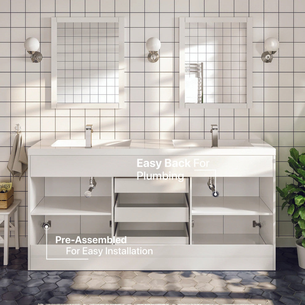 Eviva Lugano 60 White Modern Bathroom Vanity Integrated Acrylic Double Sink