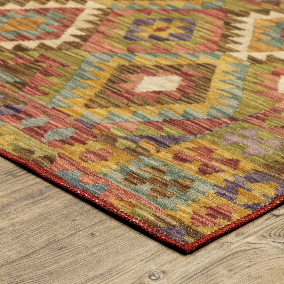 Michaela Machine Washable Geometric Tribal Gold/ Multi Area Rug, Gold, 5'x7'