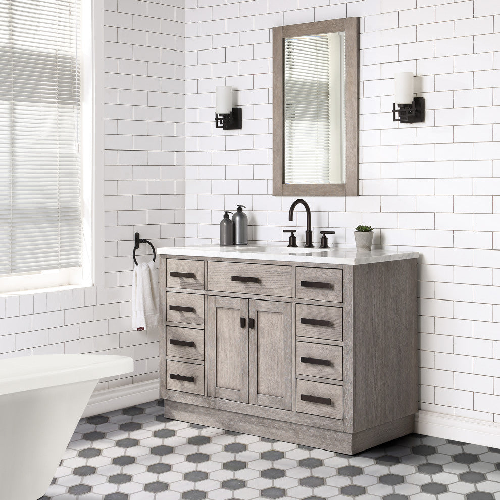 Chestnut 48" Bath Vanity, Grey Oak, Mirror, Oil-Rubbed Bronze Hardware