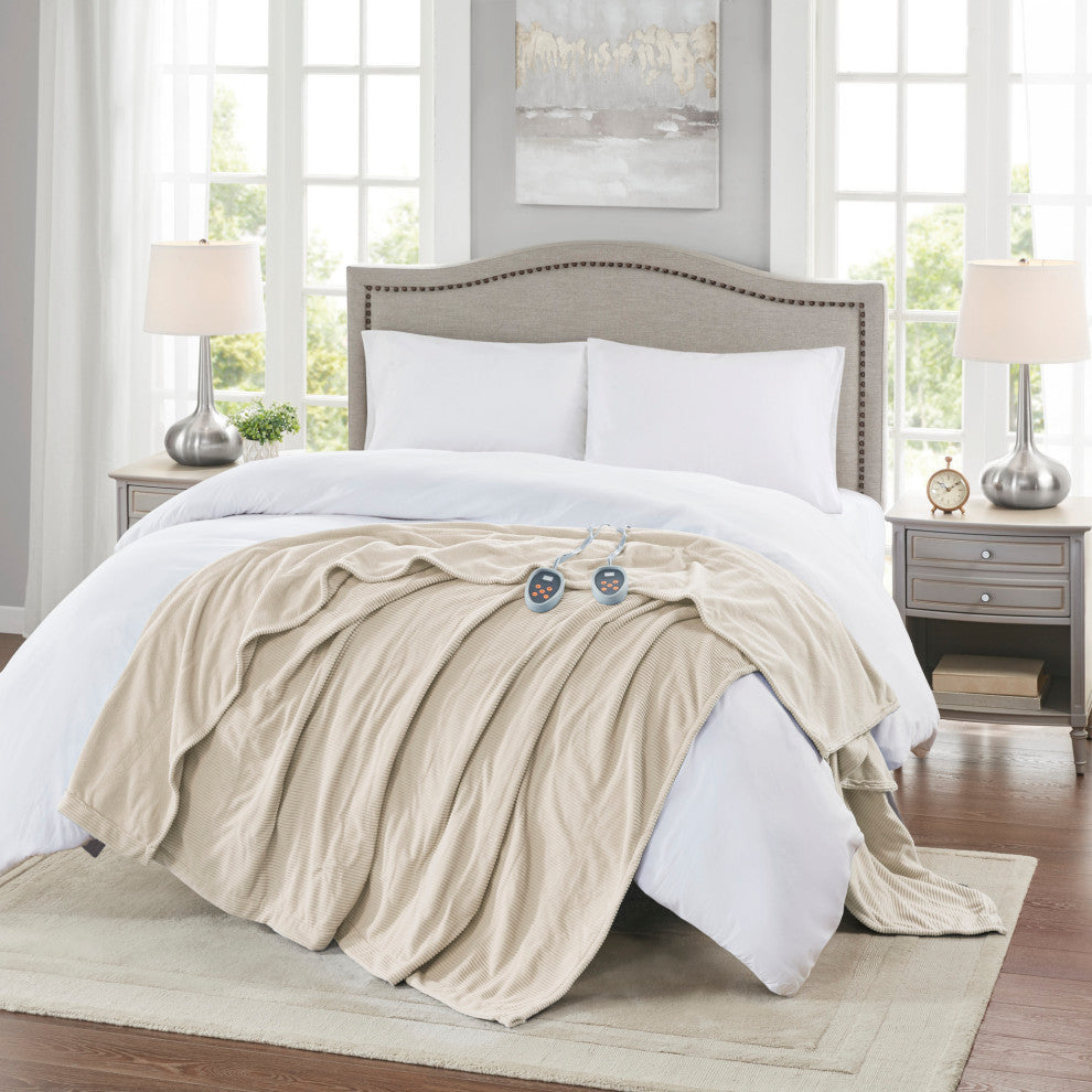 Beautyrest Knitted Micro Fleece Solid Textured Heated Blanket, Beige, Queen