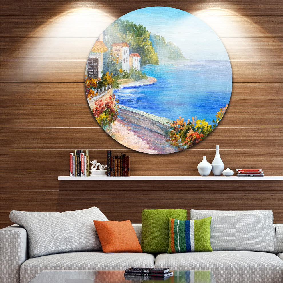 House Near Blue Sea, Landscape Disc Metal Artwork, 23"