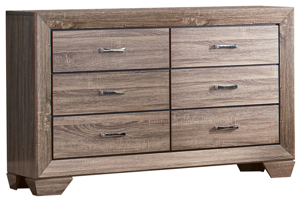 Transitional Style Wooden Dresser with Six Drawers and Metal Handles, Brown