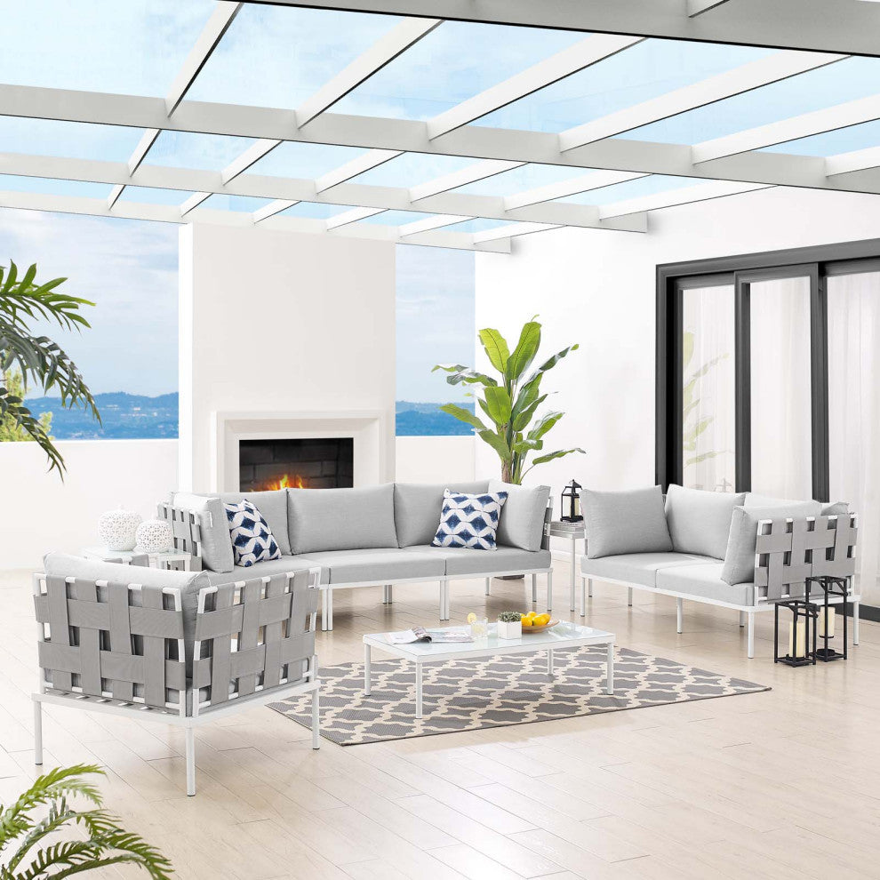 Lounge Sectional Sofa Chair Table Set, Sunbrella, Aluminum, Gray, Outdoor