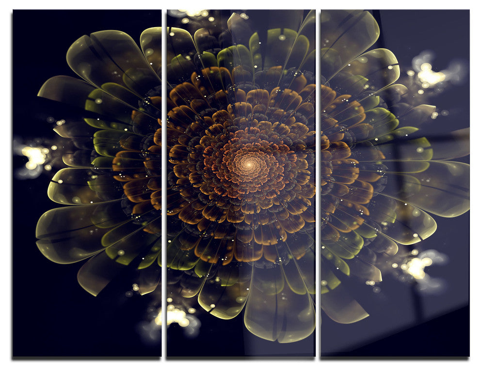 "Orange Fractal Flower With Green" Digital Metal Wall Art, 3 Panels, 36"x28"