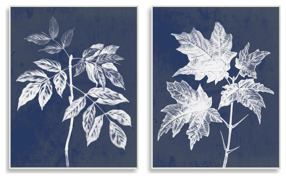 Maple Leaf Elm Stem Vintage Blue White Illustration,2pc, each 10 x 15