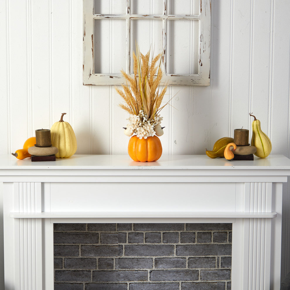 21 Autumn Dried Wheat and Pumpkin Fall Arrangement in Decorative Pumpkin Vase