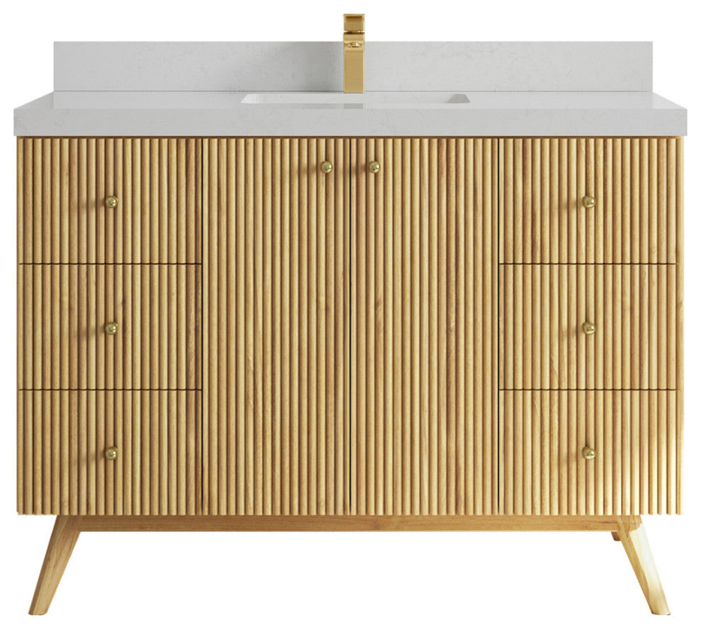 Pasadena 48 Single Sink Bath Vanity in Light Natural Teak 2" Carrara Quartz