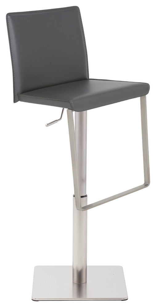 Kailee Adjustable Bar Stool, Brushed Stainless Steel, Leather, Gray