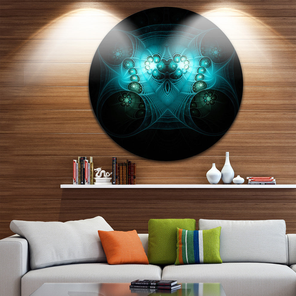 Bright Blue In Black Fractal Flower, Abstract Round Wall Art, 23"