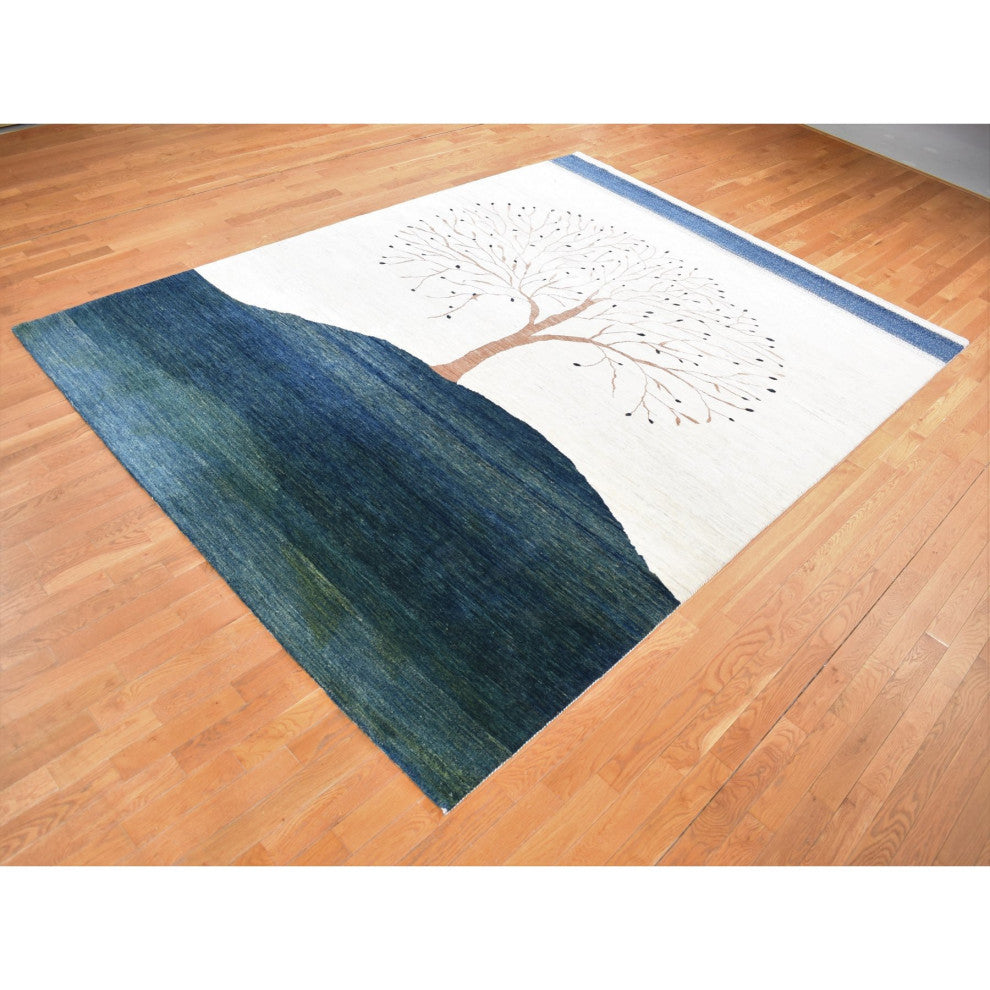 Ivory, Hand Knotted, Modern Folk Art Tree Design Gabbeh, Wool, Rug, 9'8"x13'8"