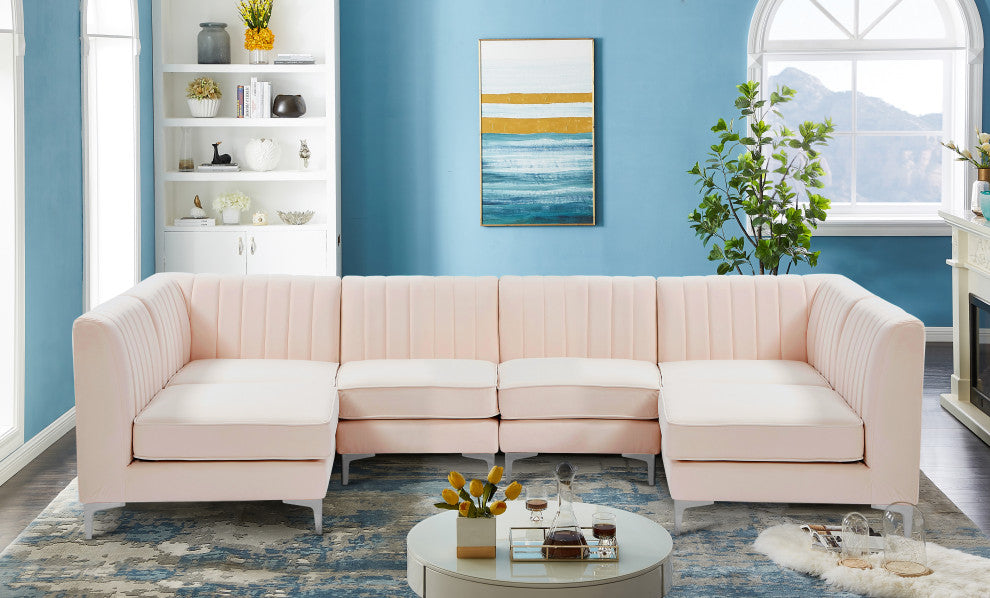 Alina Velvet Modular U-Shaped Sectional, Pink, 6-Piece: 4 Armless Chair, 2 Corner Chair