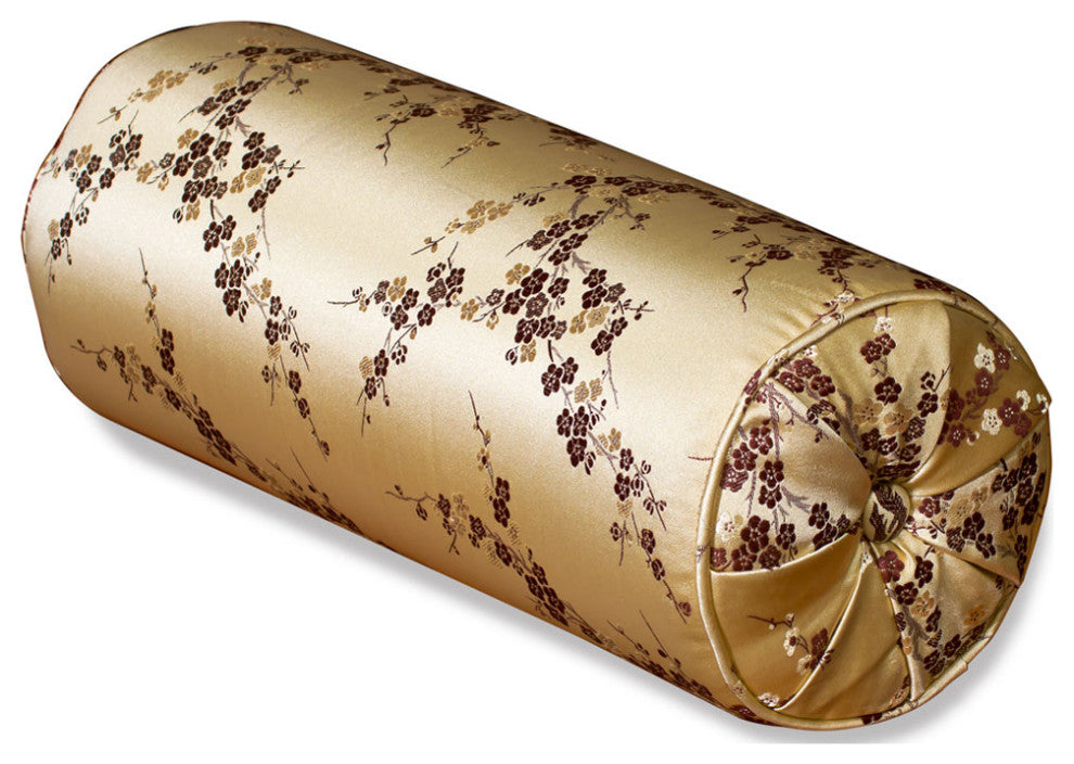 Gold Silk Plum Blossom Motif Chinese Bolster Pillow
