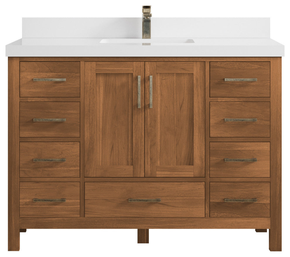 Malibu Teak 48 Single Sink Bath Vanity in Golden Teak 2" White Quartz