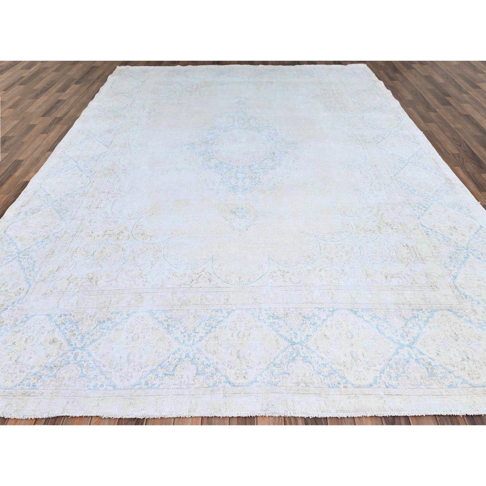 Spring White, Pure Wool, Hand Knotted, Vintage Persian Kerman Rug, 9'4"x12'3"