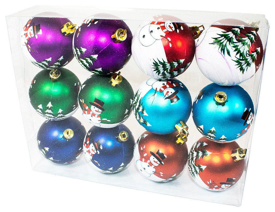 Assorted Colors Ball Ornament With Snowman Design, 12-Pack