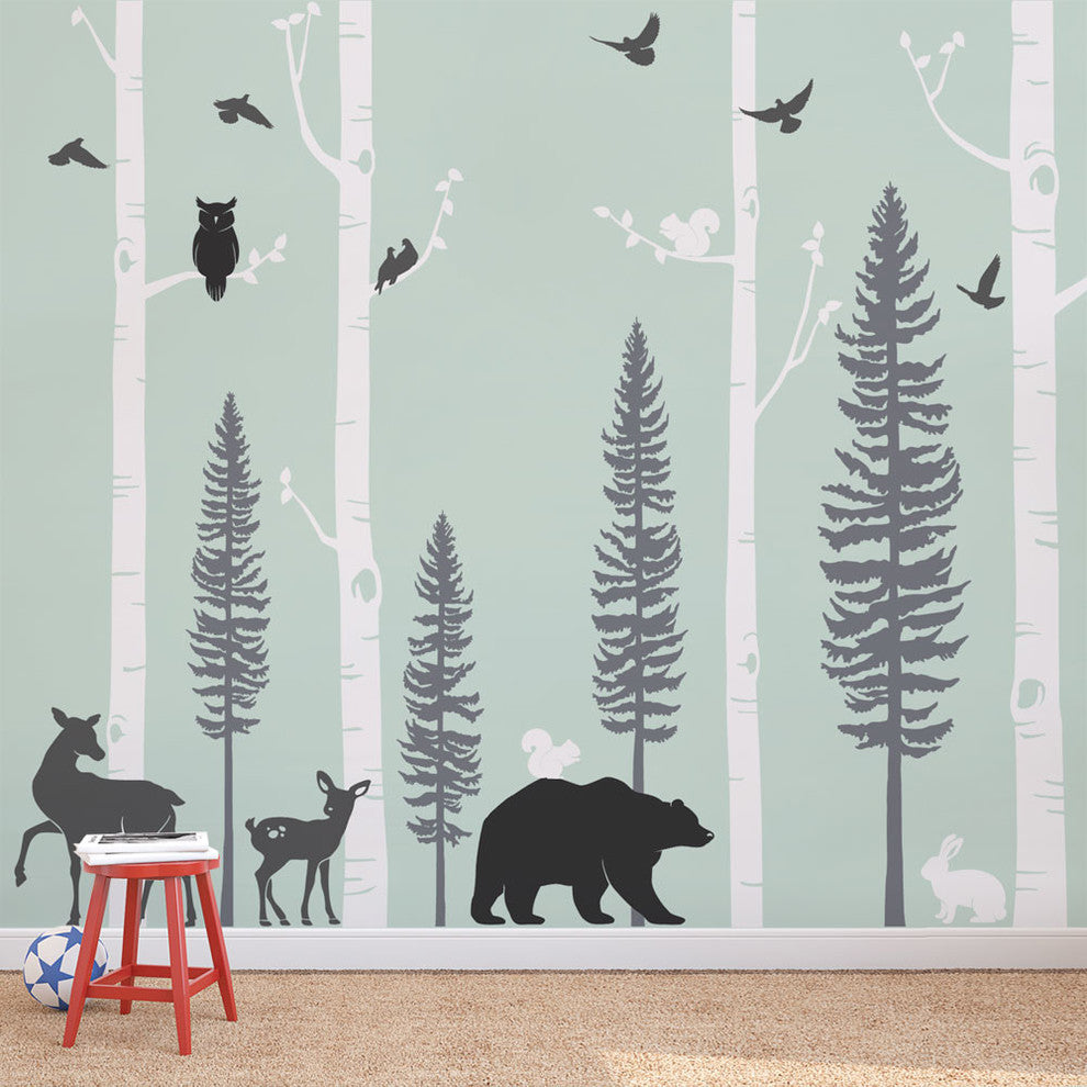 Birch Trees With Animals Wall Decal, Scheme C, 120" Tall Trees