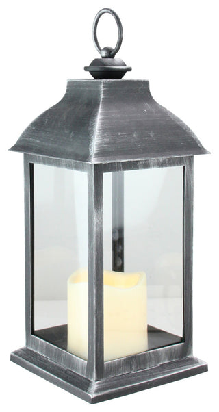 12.5" Silver Brushed Black Candle Lantern With Flameless LED Candle