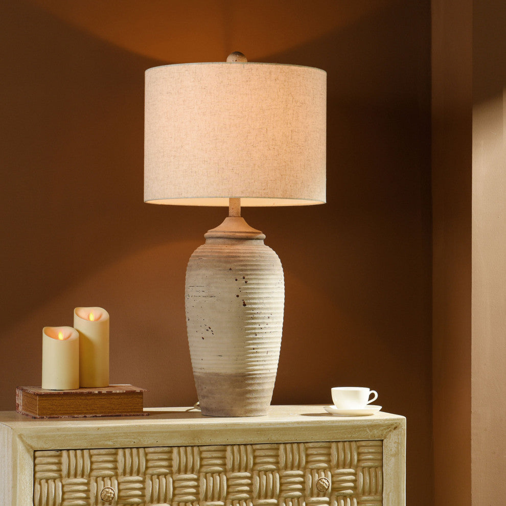 Charlotte Polyresin Table Lamp 32"H, Taupe, Speckled Finish, Sand Linen Shade