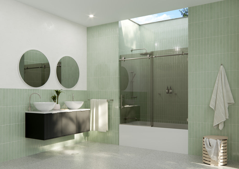 Equinox 60"x60" Frameless Glass Bath Slider, Gray Tint, Brushed Nickel