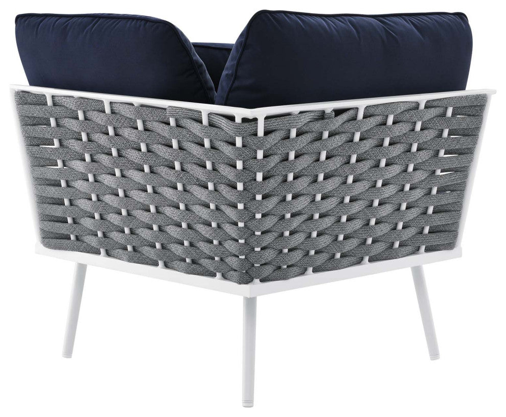 Lounge Sectional Sofa Chair Table Set, Navy White, Aluminum, Modern, Outdoor