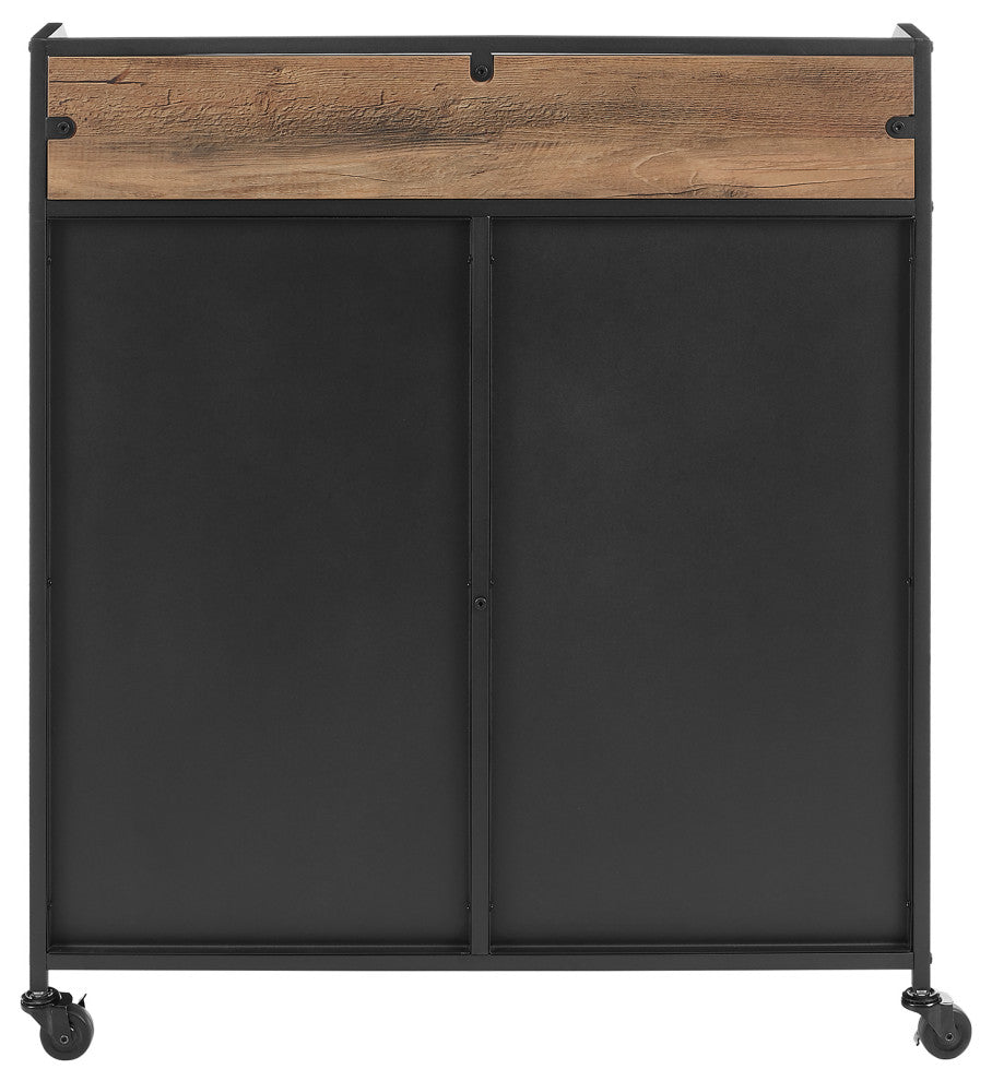 33" Urban Industrial Bar Cabinet Rolling Cart With Mesh Doors, Rustic Oak