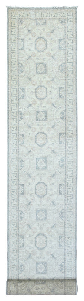 Cream White Wash Peshawar Velvety Wool Hand Knotted XL Runner Rug, 2'9"x18'9"