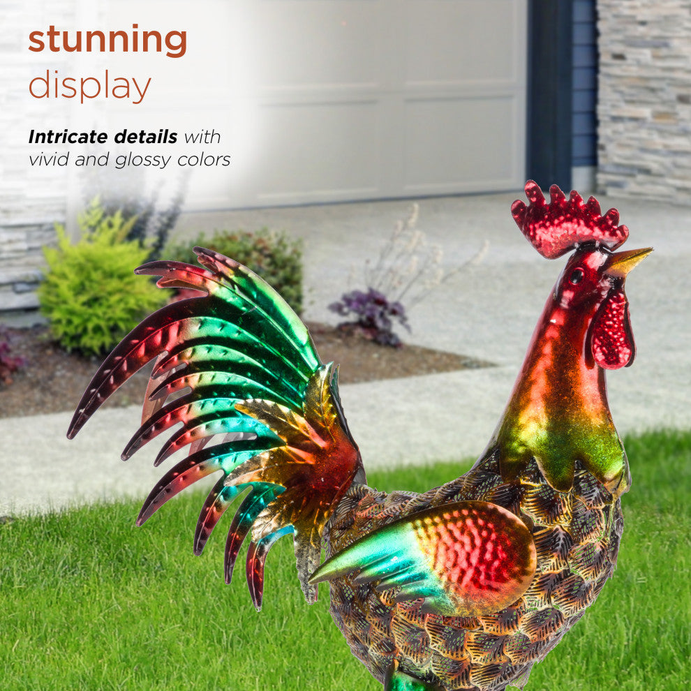 Glossy Metal Rooster Decor with Turquoise Tail