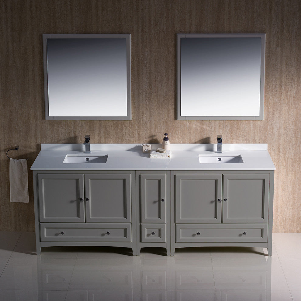 Oxford 84" Gray Traditional Double Sink Bathroom Vanity, Faucet, FFT3811CH