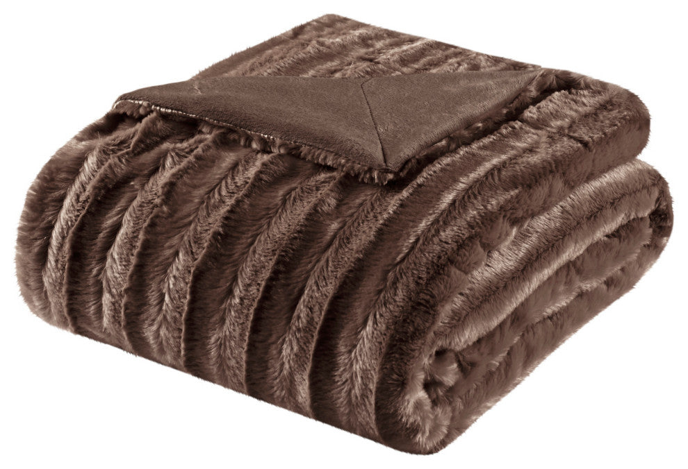 Madison Park Solid Stripe Plaited Brushed Long Fur Knitted Throw, Brown