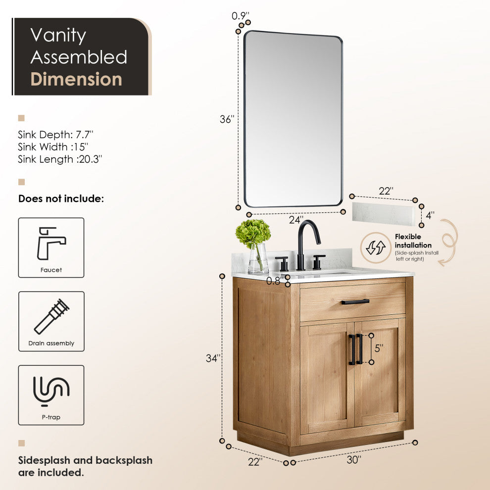 Gavino Vanity With Grain White Composite Stone Top, Light Brown/Matte Black, 30", With Mirror