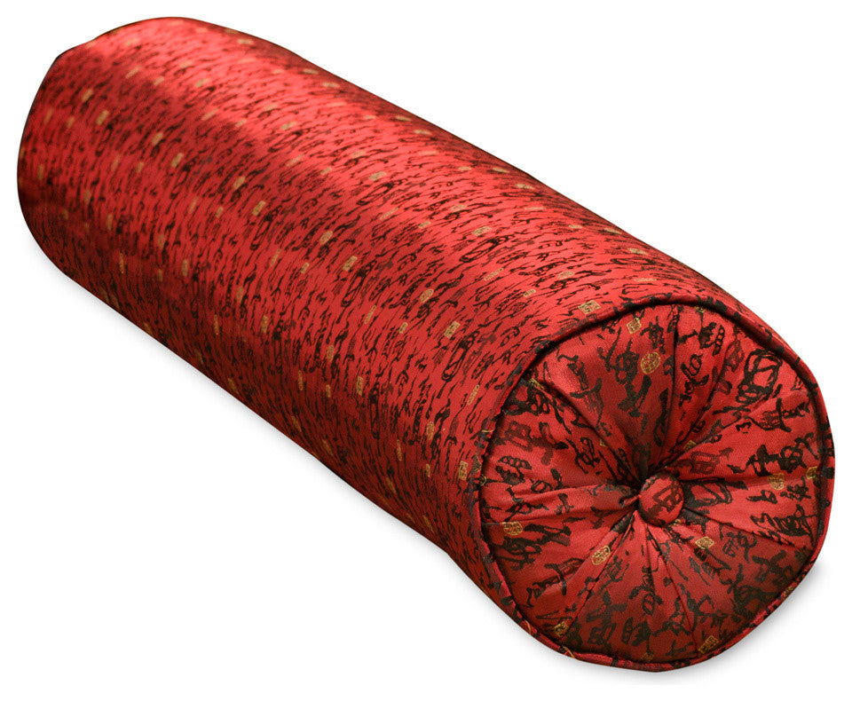 Maroon Silk Chinese Calligraphy Long Bolster Pillow