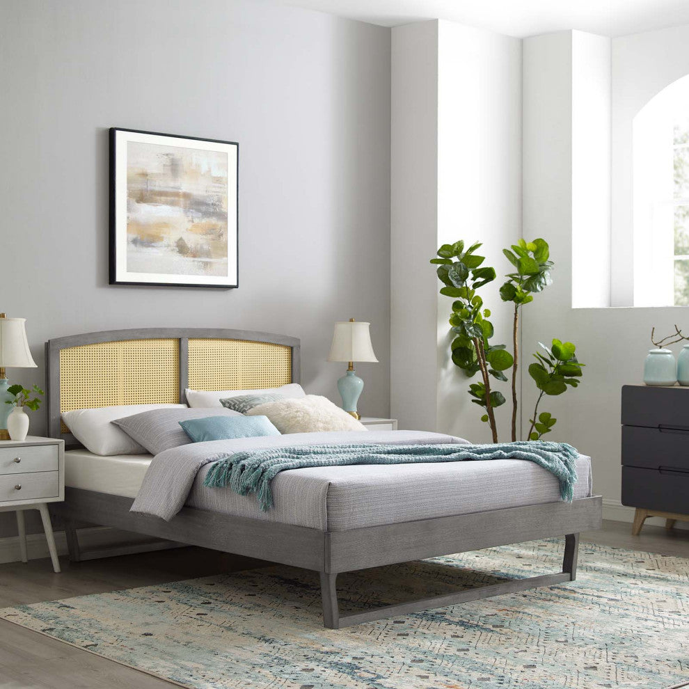 Platform Bed Frame, Full Size, Wood, Gray, Modern Mid-Century, Bedroom