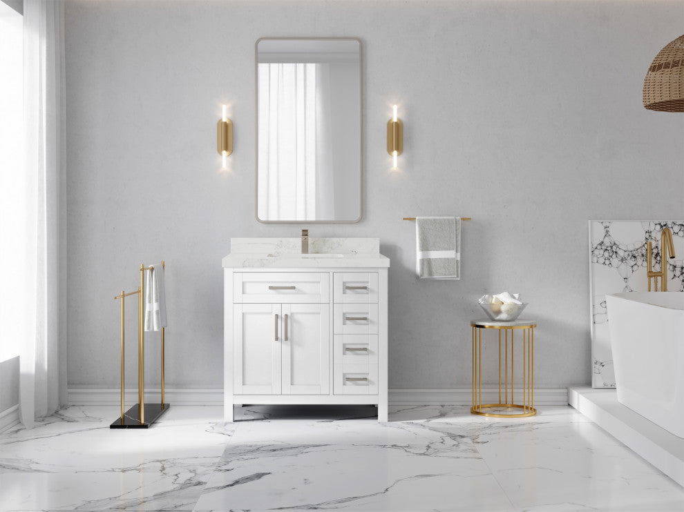 Cambridge 36 Center Sink Bath Vanity in White 2" Calacatta Nuvo