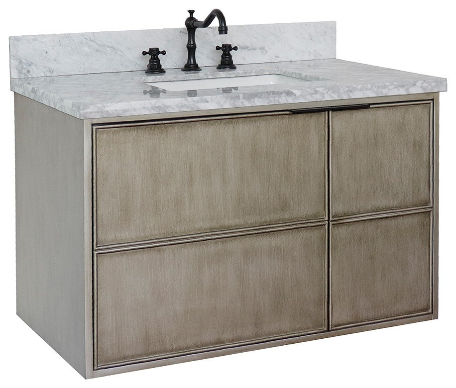 37" Single Wall Mount Vanity, Linen Brown Finish With White Carrara Top
