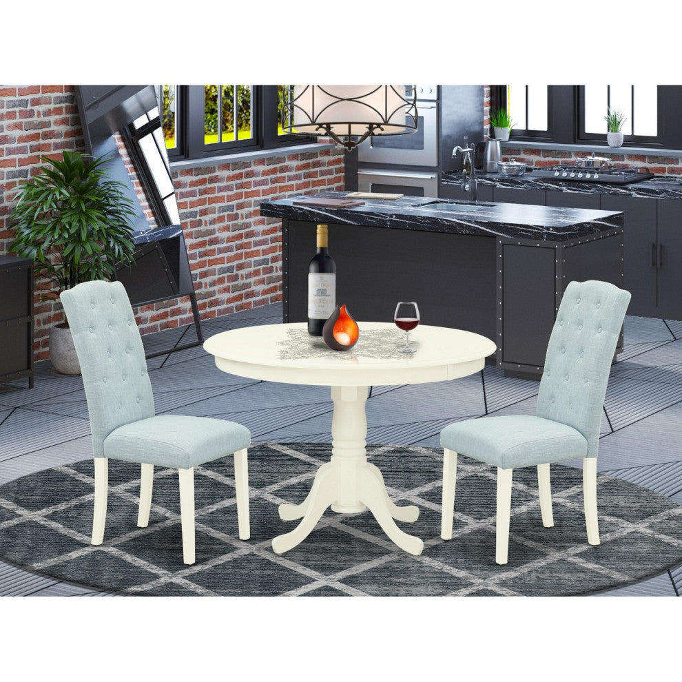 3Pc Dinette Set, Rounded Table, Two Chairs, Baby Blue Fabric, Linen White