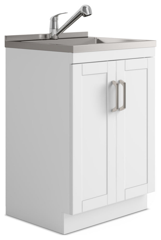 Kyle 24" Laundry Cabinet With Faucet and Stainless Steel Sink, White, 24"