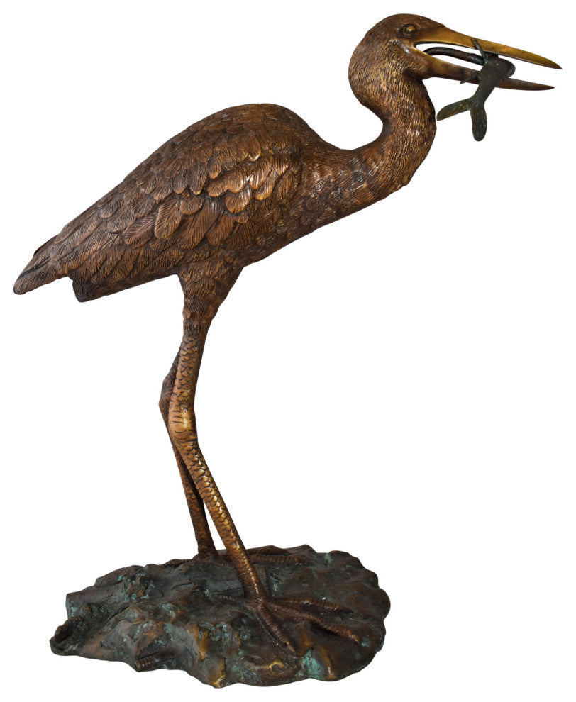 Heron With Prey Brown Patina Bronze Statue Fountain Size: 26" x 15" x 25"H